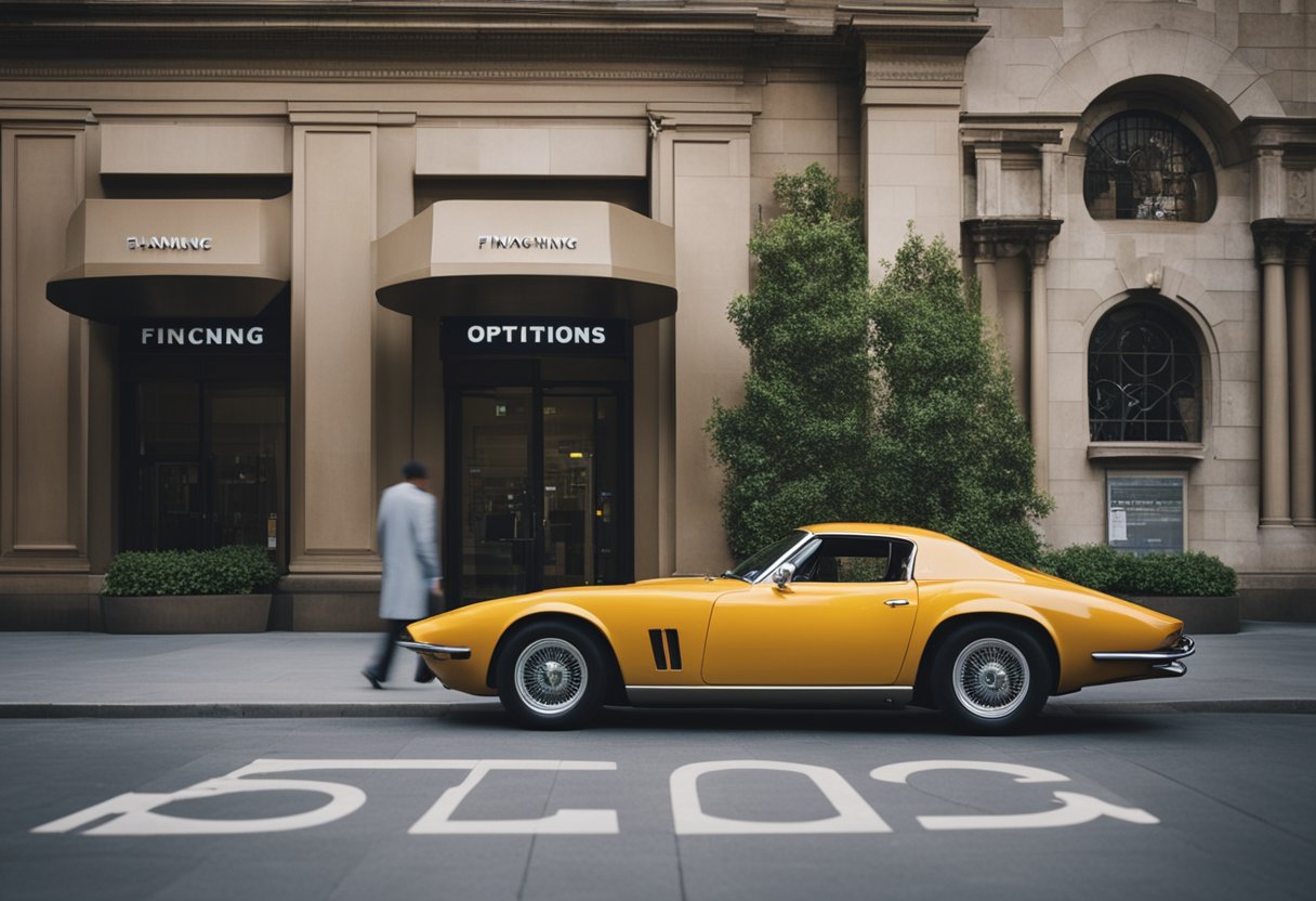 A sleek, used sports car parked in front of a bank with "Financing Options" sign. A salesman talking to a potential buyer