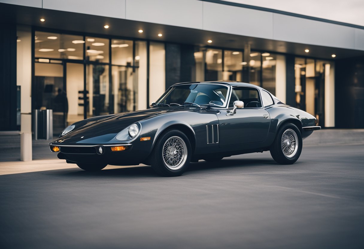 A sleek sports car parked in front of a dealership with a "Frequently Asked Questions: Best Used Sports Car under 20K" sign displayed prominently