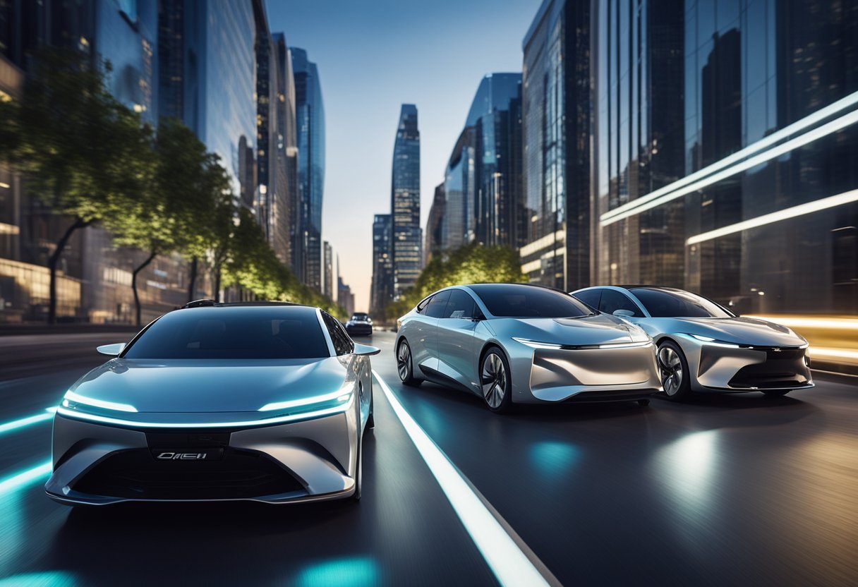 A lineup of sleek hybrid sedans, gliding down a futuristic city street, with glowing electric powertrains and aerodynamic designs