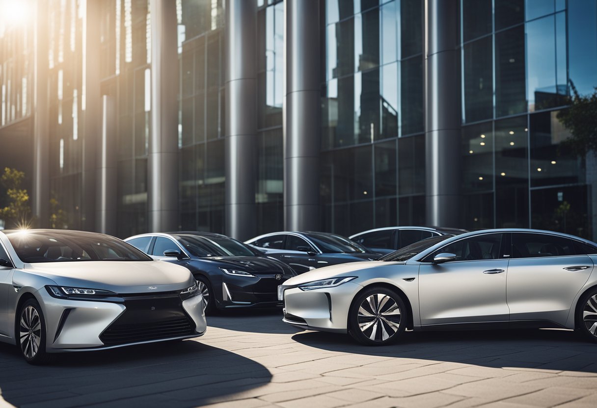 A lineup of sleek hybrid sedans, parked in a futuristic urban setting with clean energy charging stations nearby. The cars are shining under the bright sunlight, showcasing their modern and efficient design