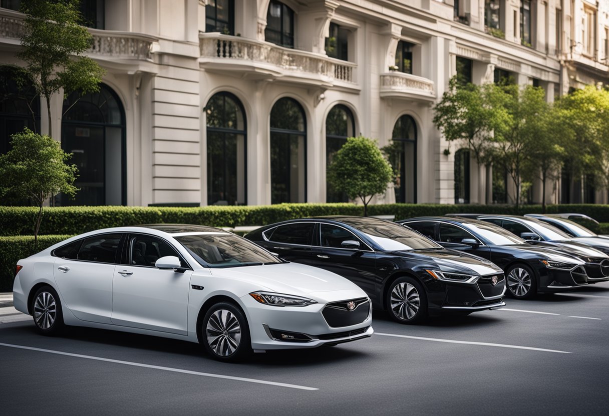 A row of sleek hybrid sedans parked in a city, surrounded by greenery and clean air, showcasing their top fuel efficiency