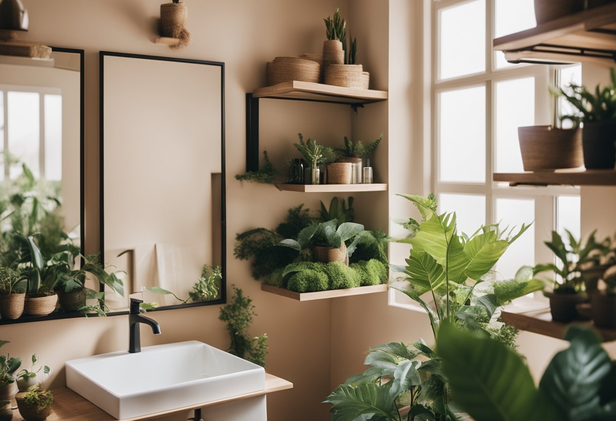 A serene bathroom with colorful, handmade wall art and shelves displaying plants and decorative items