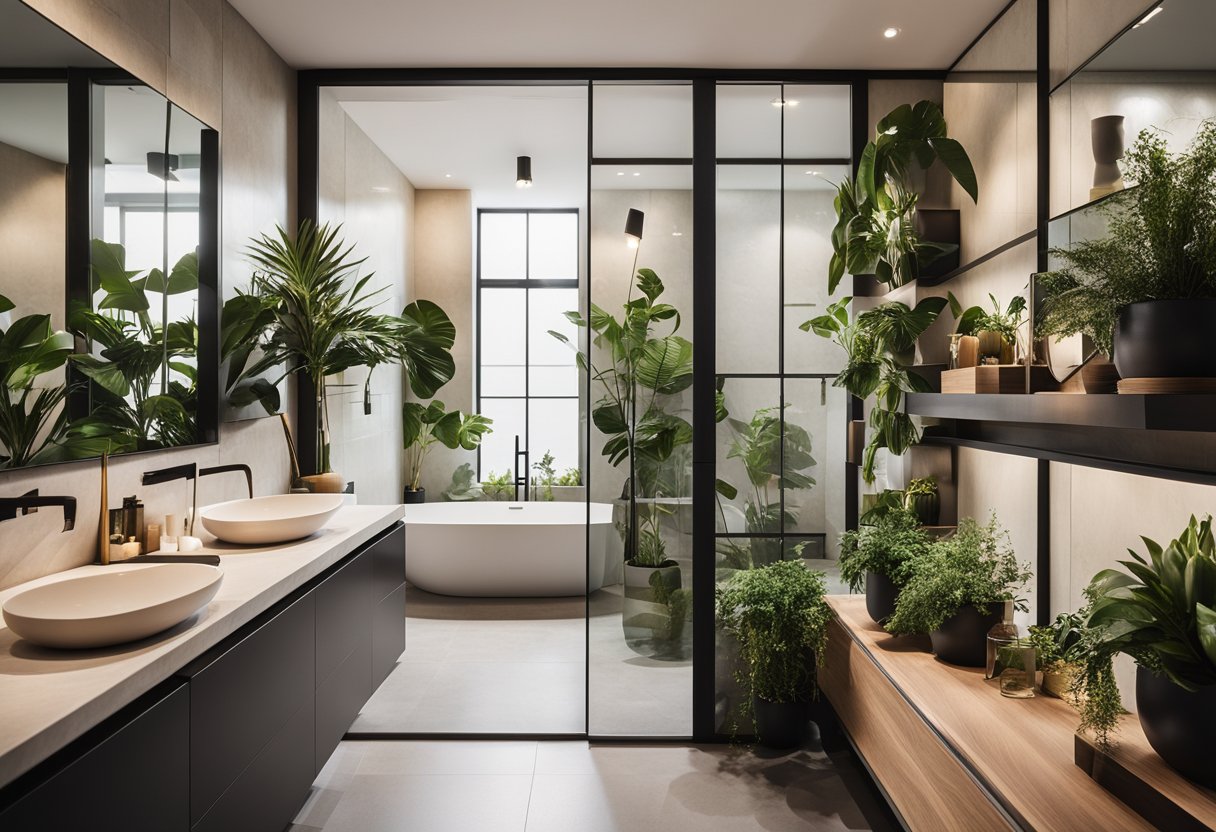 A modern bathroom with geometric shelves, lush plants, and framed artwork. A mix of textures and materials adds interest to the space