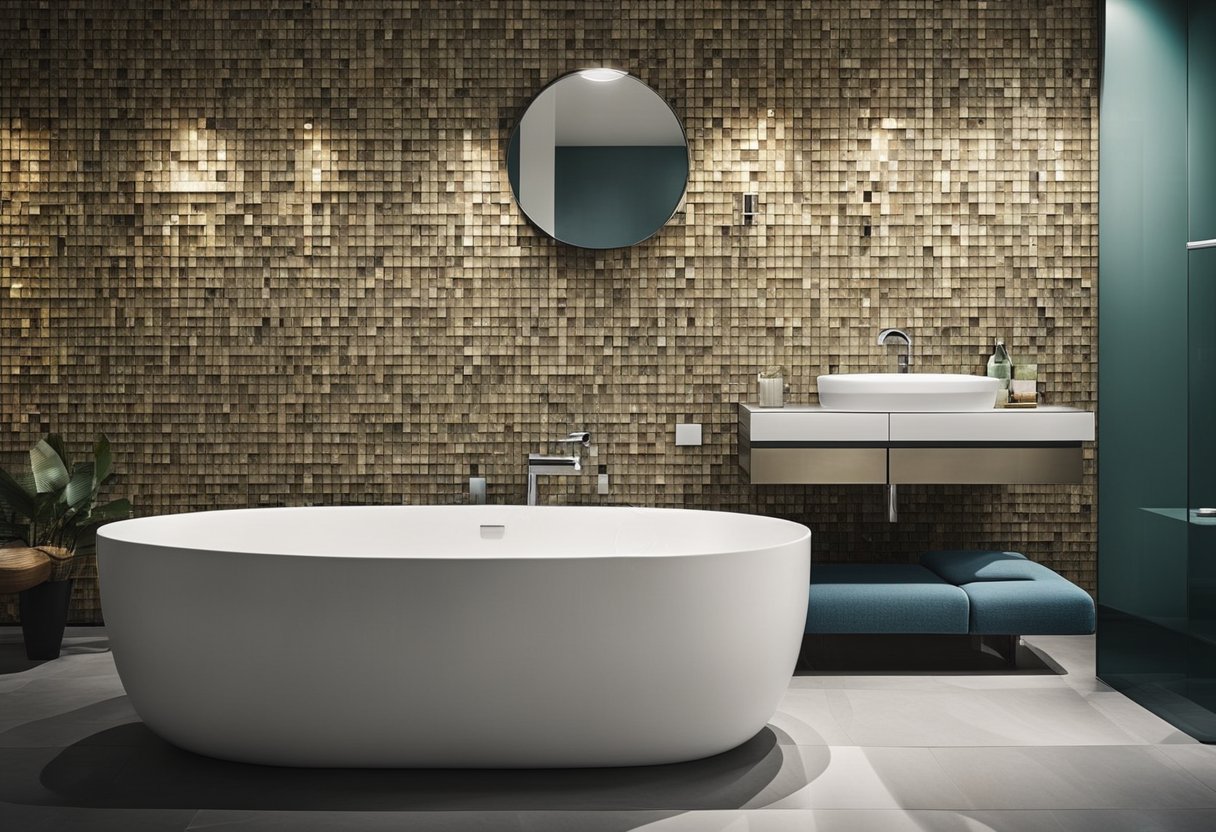 A bathroom wall adorned with durable and stylish materials, featuring creative decor ideas such as mosaic tiles, waterproof wallpaper, and decorative panels