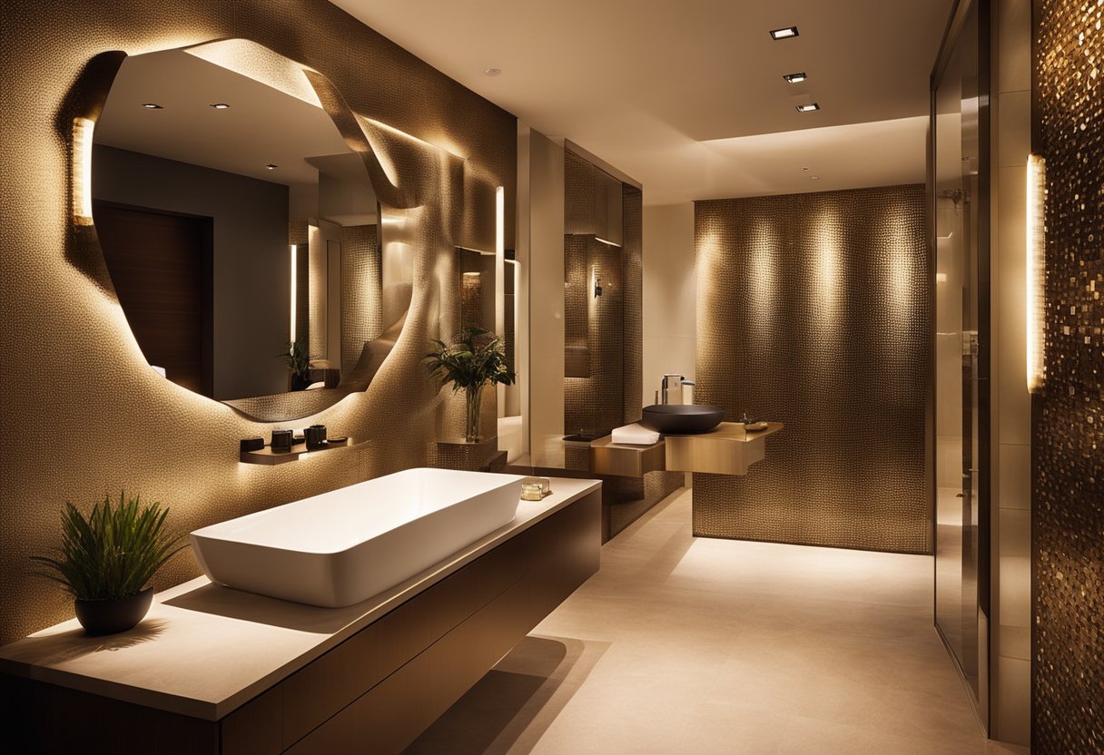 Soft, warm lighting highlights intricate bathroom wall decor. Rich colors and textures add depth to the space