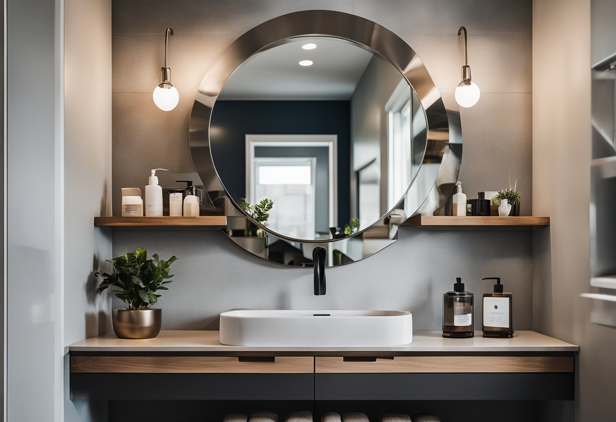 A bathroom with decorative wall fixtures such as shelves, mirrors, and artwork. The fixtures are arranged in a creative and aesthetically pleasing manner