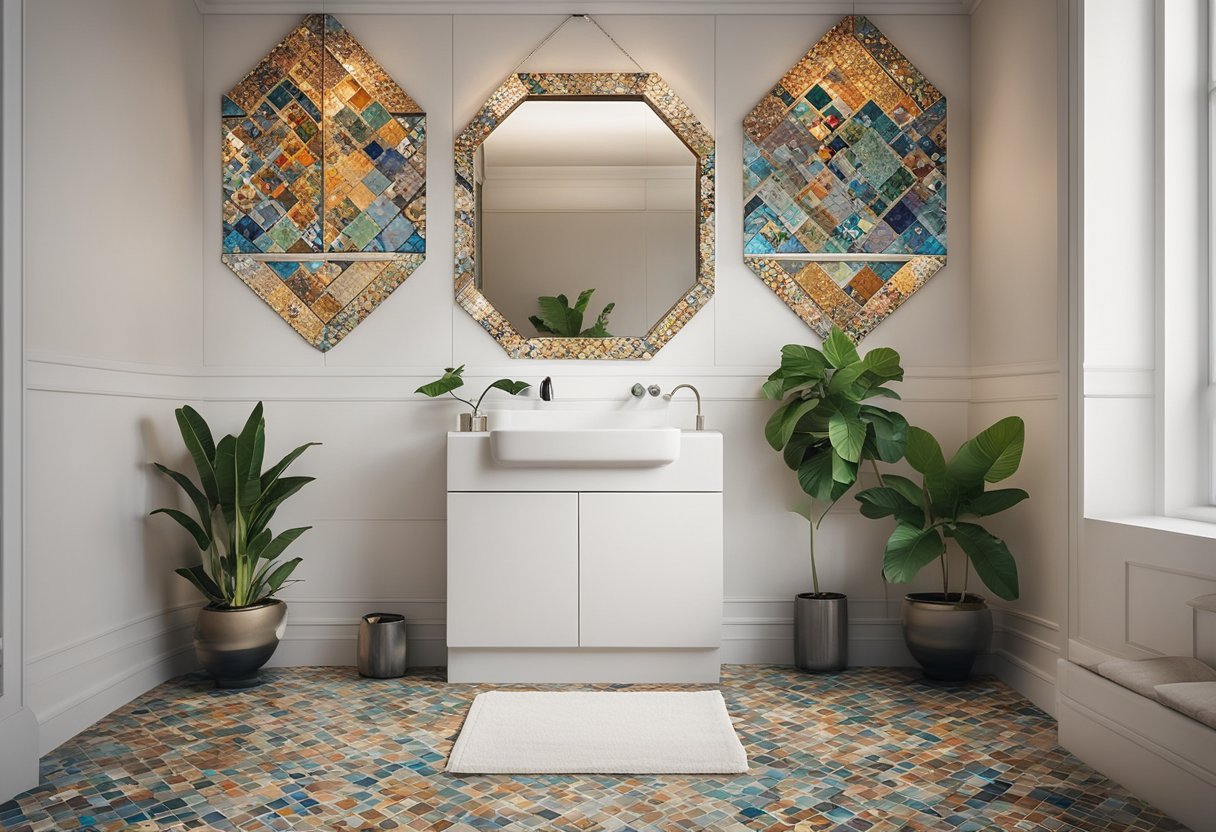 A bathroom wall adorned with colorful abstract paintings and intricate mosaic tiles. A vintage mirror and potted plants add a touch of elegance