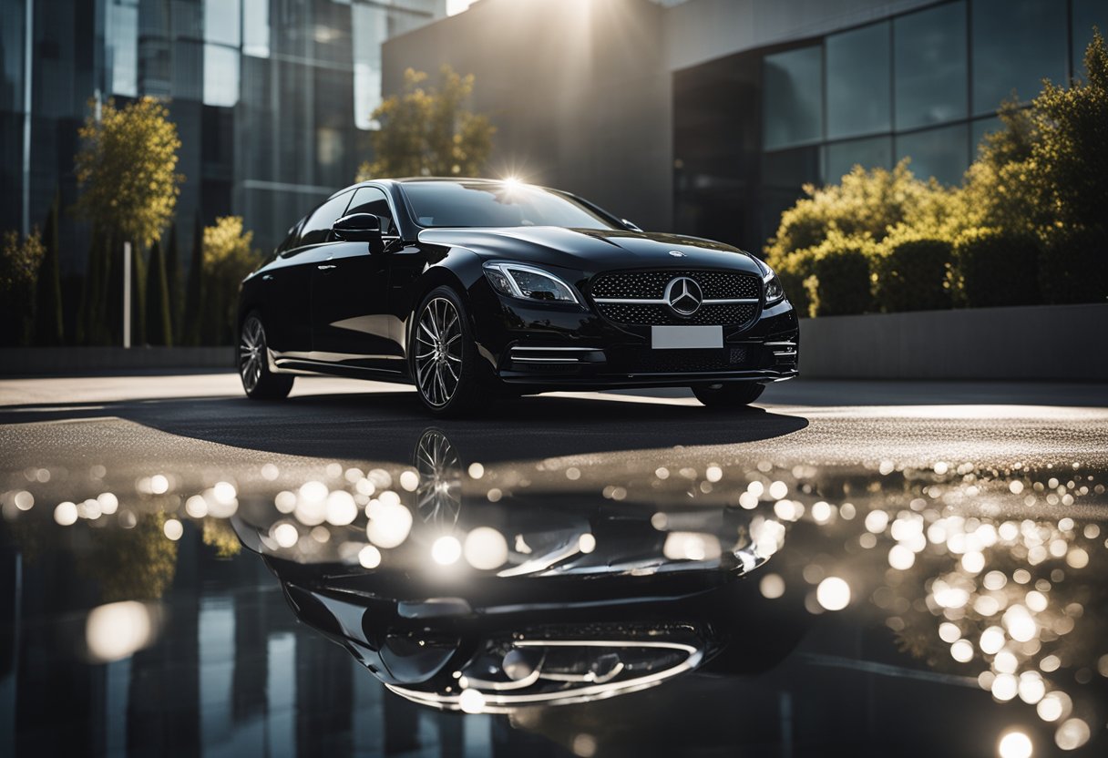 A sleek black car shines under the sunlight, with water droplets beading on its surface, showcasing the effectiveness of the best car wax for black paint