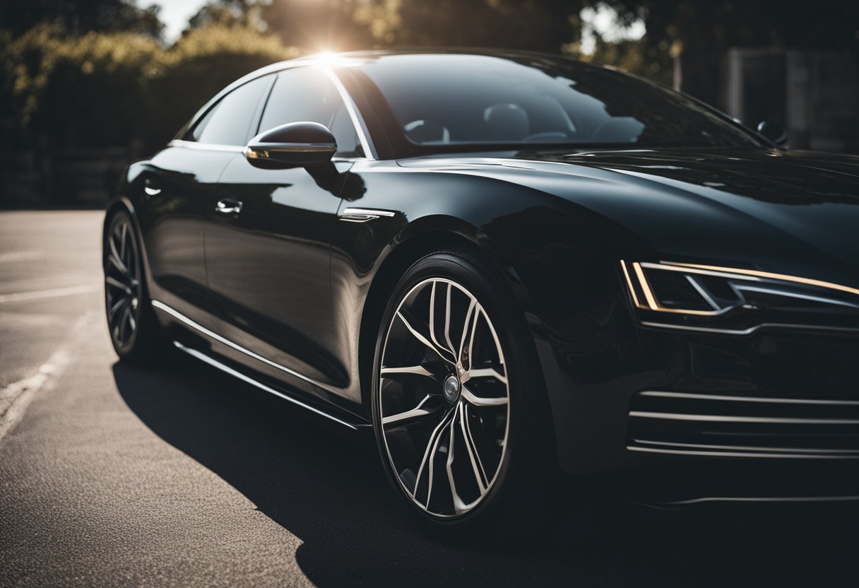 A sleek black car gleams under the sunlight, showcasing the importance of choosing the right car wax for black paint. The deep, reflective shine highlights the need for proper maintenance and protection