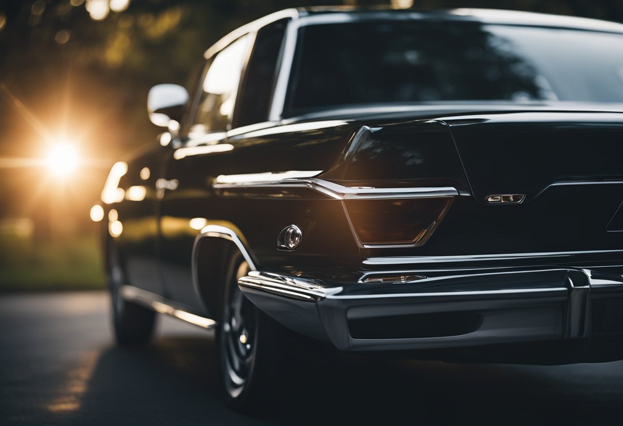 A black car gleams in the sunlight, coated with the best car wax. The wax creates a deep, glossy sheen, enhancing the car's sleek and luxurious appearance