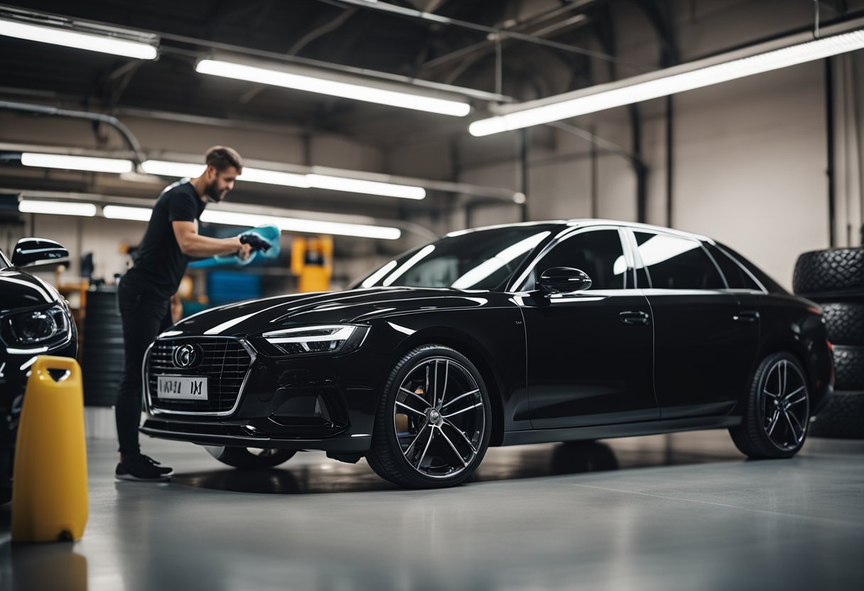 A shiny black car sits in a well-lit garage, surrounded by various car wax products. A hand reaches for the best car wax, while a checklist of factors to consider is visible in the background