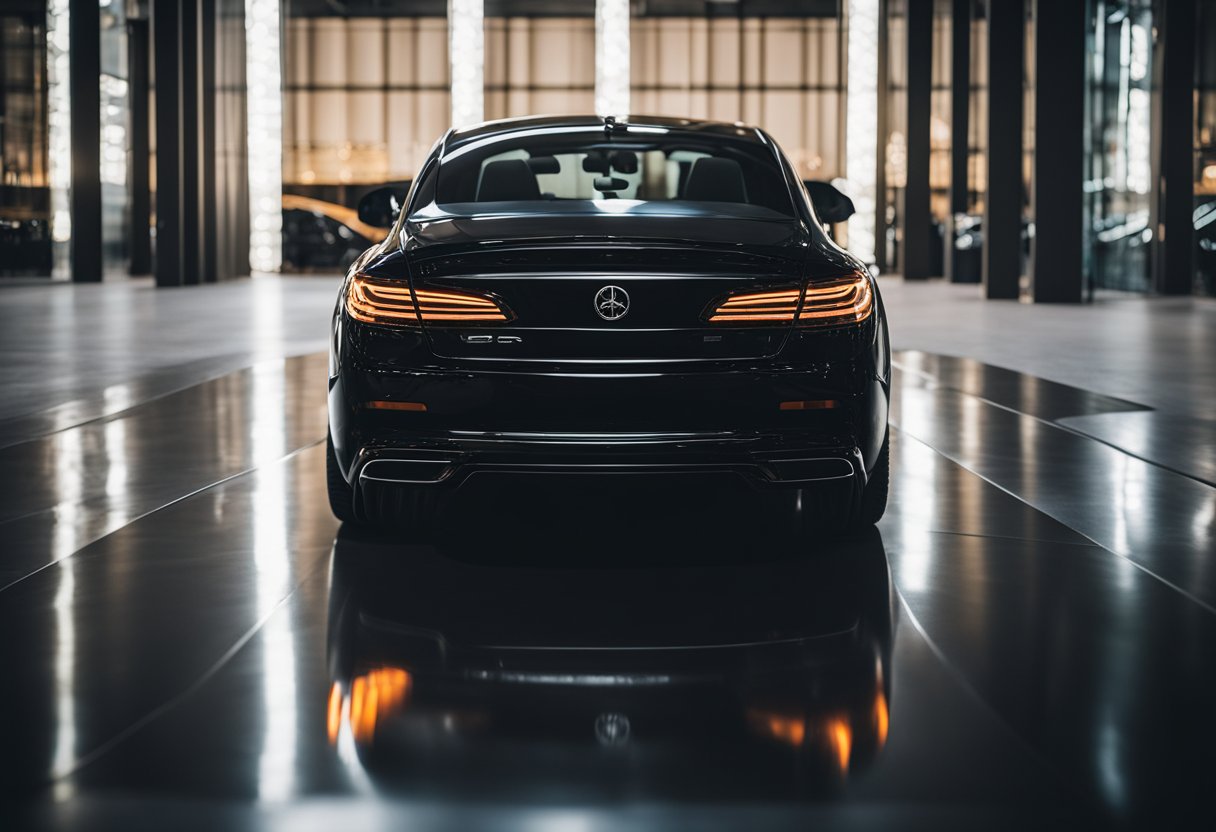 A sleek black car gleams under the sunlight, its waxed surface shining with a deep luster. The reflection of the surroundings is crisp and clear, showcasing the effectiveness of the car wax for black paint