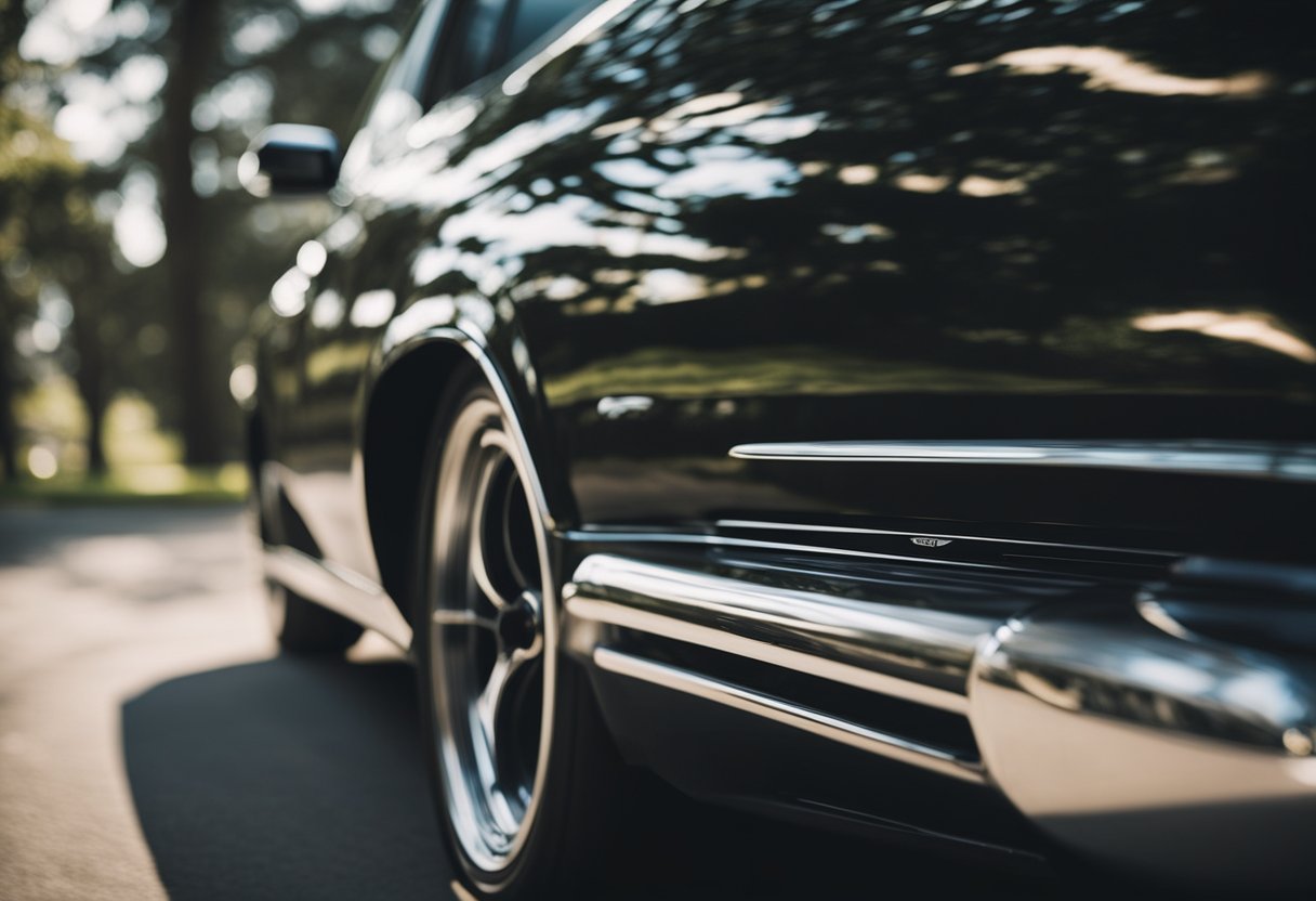 A shiny black car with streaks and smudges from using the wrong wax