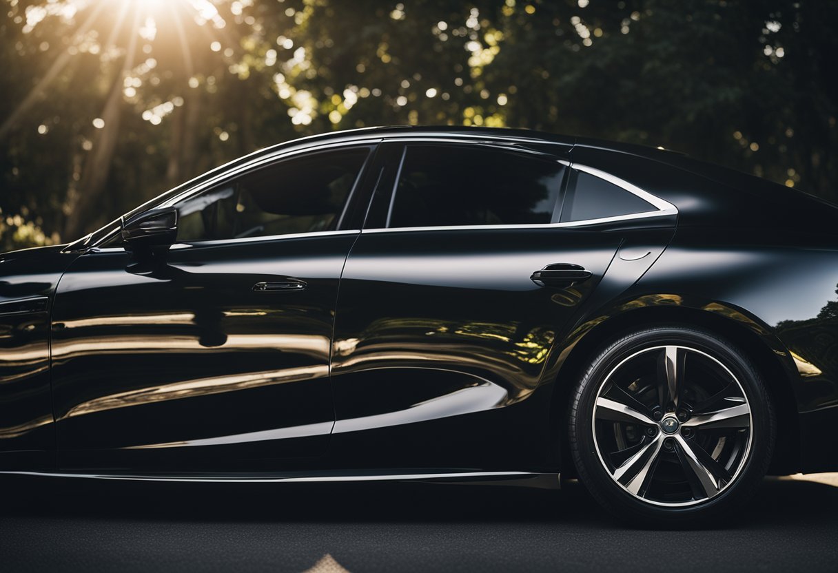 A sleek black car gleams under the sunlight, its surface reflecting a glossy sheen from the best car wax. The deep, rich color of the paint stands out against the backdrop, showcasing a flawless finish