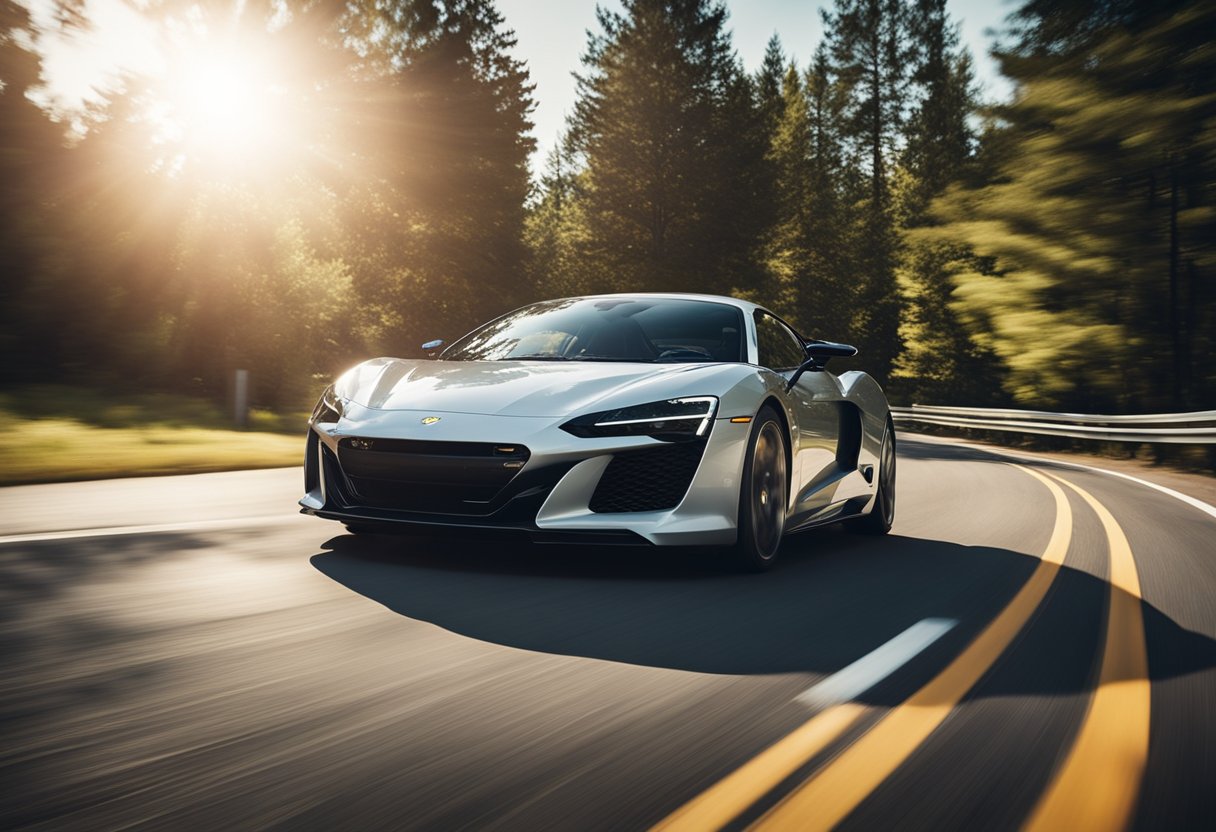 A sleek sports car speeds along a winding road, with the sun shining brightly overhead. The tires grip the pavement, showcasing their top performance for summer driving