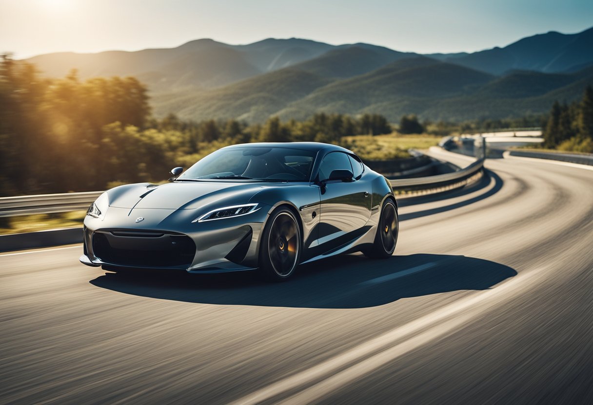 A sleek sports car speeds along a sun-drenched highway, its high-performance summer tires gripping the asphalt with precision and confidence. The tires are sleek and modern, with a tread pattern designed for maximum traction and control