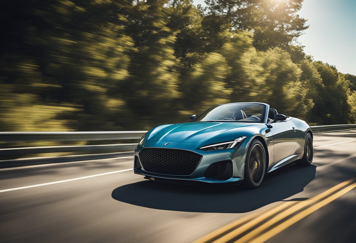 A sleek sports car speeding along a sun-drenched highway, with the summer sun shining down on the high-performance tires gripping the road with precision and control