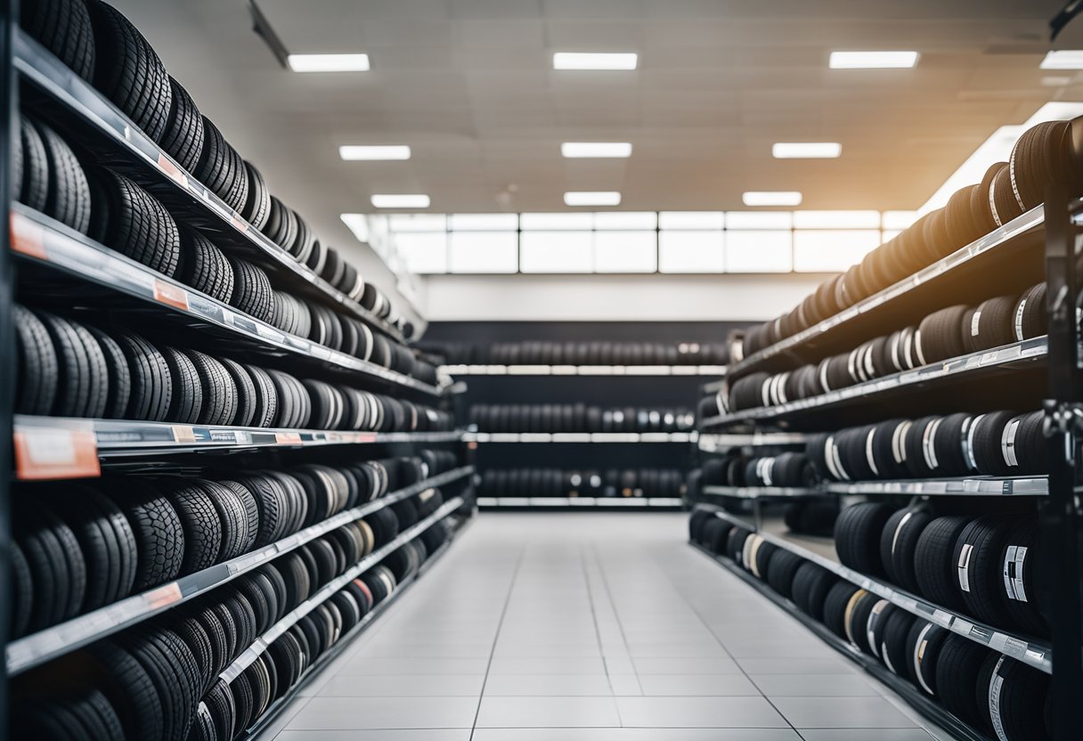 A lineup of top tire brands displayed on a sleek, modern showroom floor. Each tire features a bold, eye-catching design and is labeled with its respective brand name and performance features