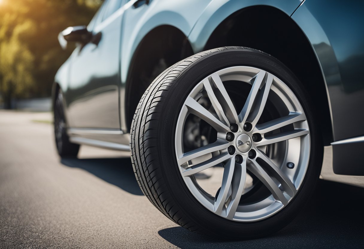 A car parked on a sunny road, with a focus on the tires. The tires are well-maintained and ready for summer driving