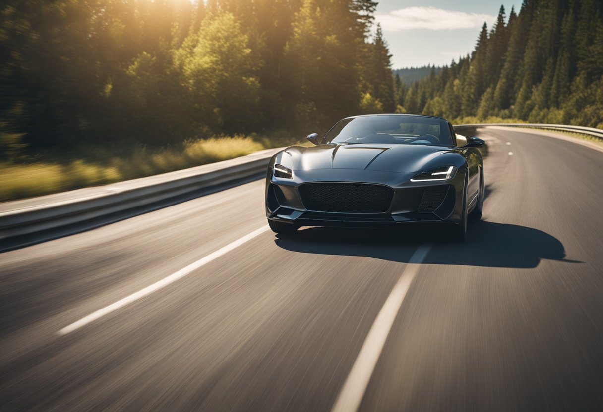 A sleek sports car zooms down a sunlit highway, hugging the curves with precision. The tires grip the asphalt, showcasing their top performance for summer driving