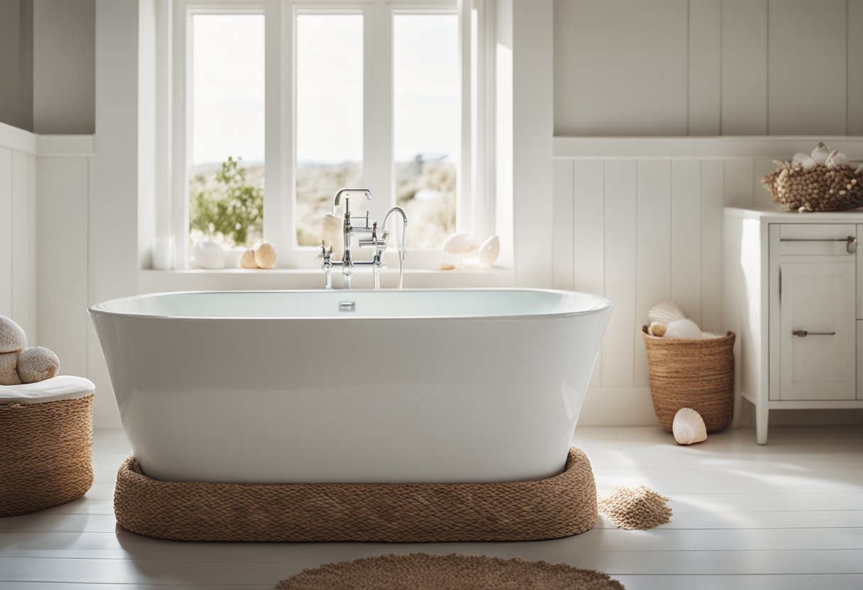 A coastal bathroom with light, airy colors and natural textures. A large window lets in plenty of natural light, and a freestanding bathtub sits in the center of the room. The decor includes seashells, driftwood, and nautical accents