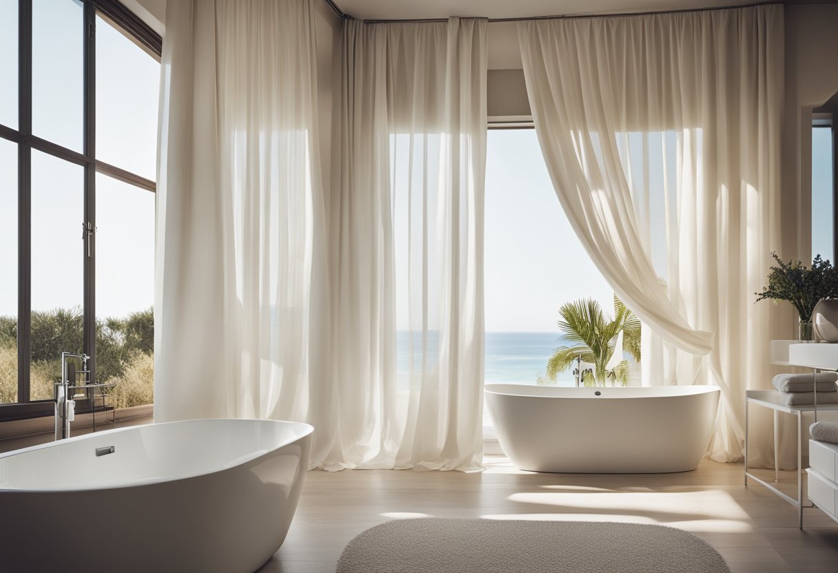 A coastal bathroom with large windows, light-colored walls, and minimalistic decor. A freestanding bathtub sits next to the window, with white sheer curtains billowing in the breeze