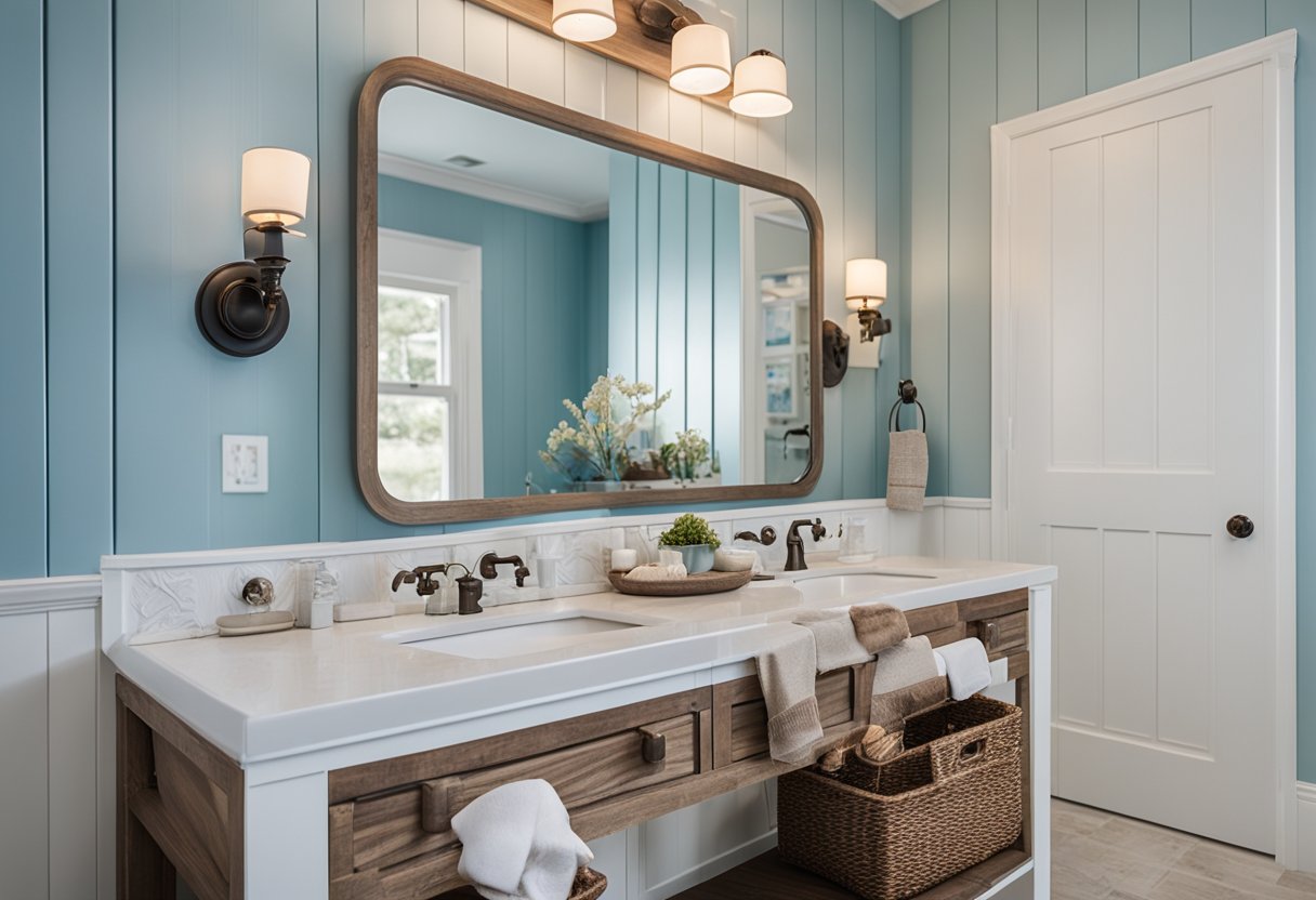 A coastal bathroom with light blue walls, white wainscoting, a weathered wood vanity, nautical-themed decor, and seashell accents