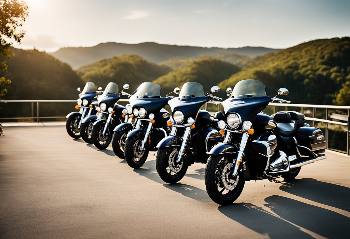 A lineup of sleek, powerful cruiser motorcycles parked on a scenic overlook, ready for a long journey. Comfortable seating and spacious storage make them ideal for extended rides