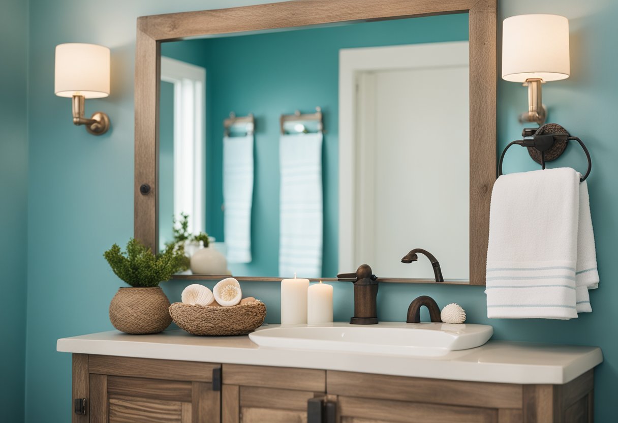 A coastal bathroom with seashell-adorned mirror, driftwood towel rack, and blue-green accents for a breezy, refreshing vibe