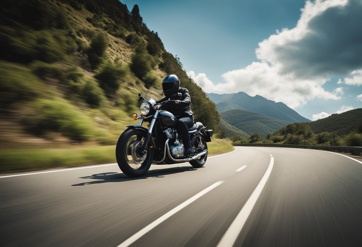 A sleek motorcycle cruises effortlessly along a winding road, its engine purring with smooth power, conveying comfort and reliability for long journeys