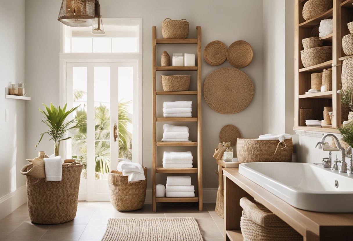 A coastal bathroom with open shelving, woven baskets, and nautical decor. A light and airy space with natural textures and a breezy feel