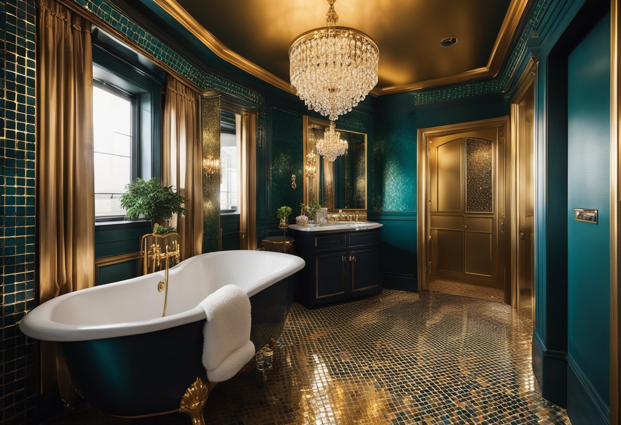 A small bathroom with jewel-toned walls and gold accents. A chandelier hangs from the ceiling, reflecting off the glossy tiles