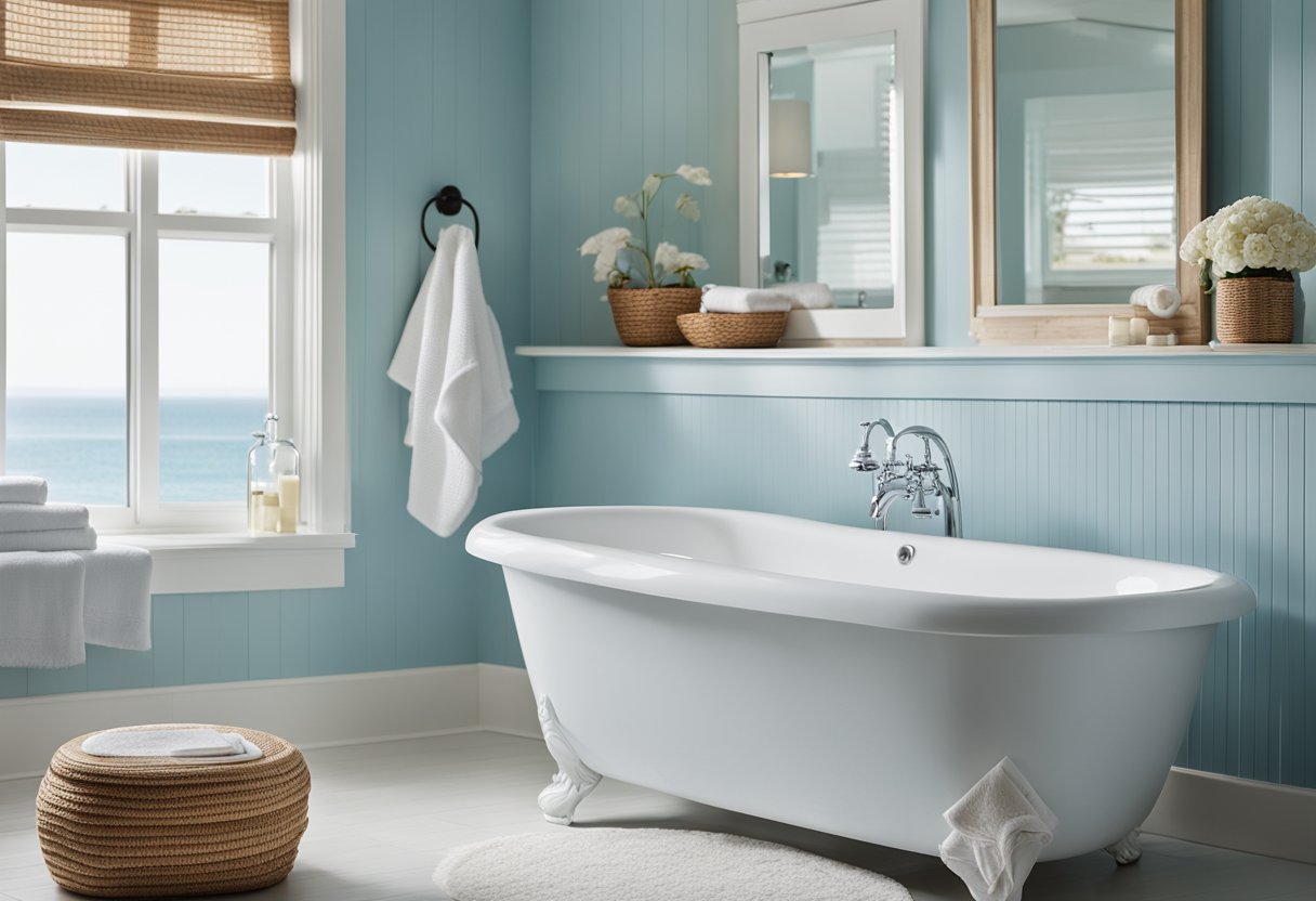 A coastal bathroom with light blue walls, white beadboard paneling, and natural wood accents. A large, freestanding bathtub sits next to a window overlooking the ocean. A fluffy white bath mat and a stack of plush towels complete the spa-like