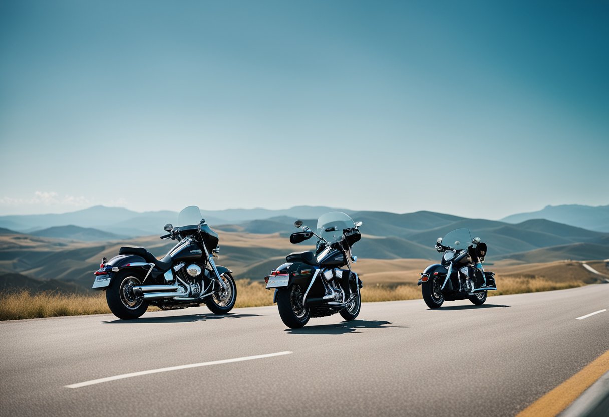 A group of sleek and modern cruiser motorcycles lined up on a wide open road, with clear blue skies and rolling hills in the background