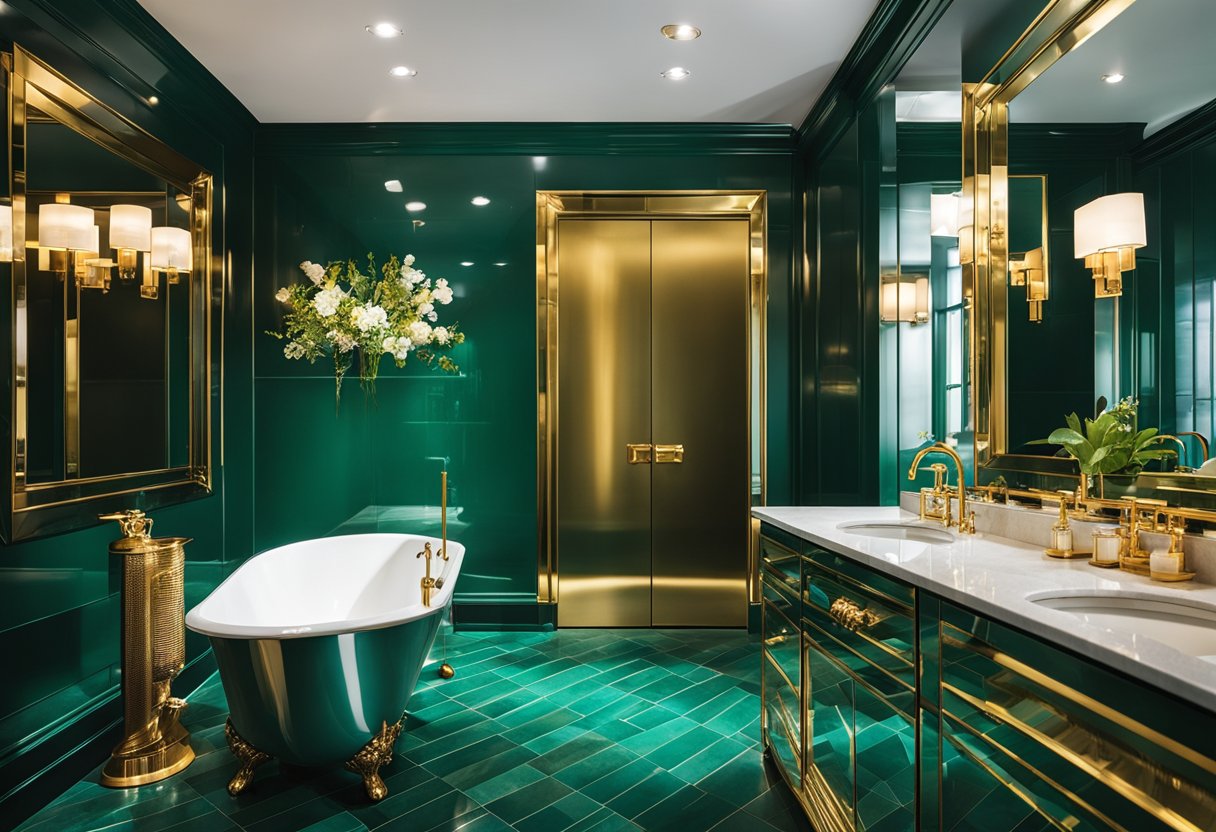 A jewel box bathroom with emerald green walls, sapphire blue accents, and gold fixtures