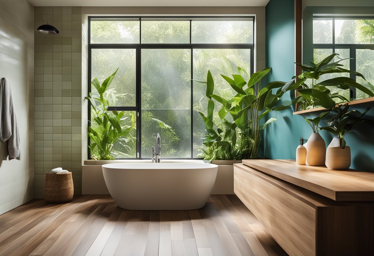 A coastal bathroom with bamboo flooring, recycled glass tiles, and a rainwater shower. A large window lets in natural light, and a living plant adds a touch of greenery