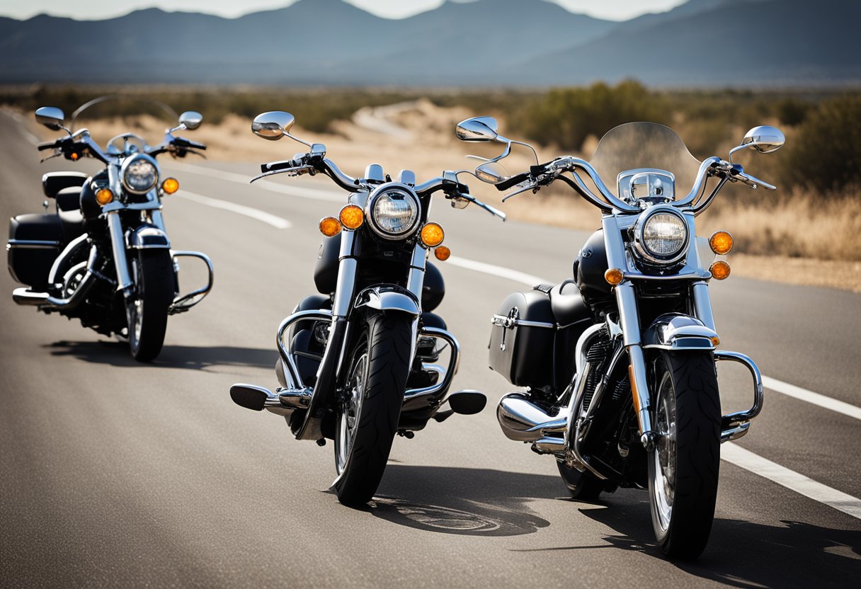 A row of sleek, well-maintained cruiser motorcycles lined up against a backdrop of open road and scenic landscapes, ready for a long and comfortable journey