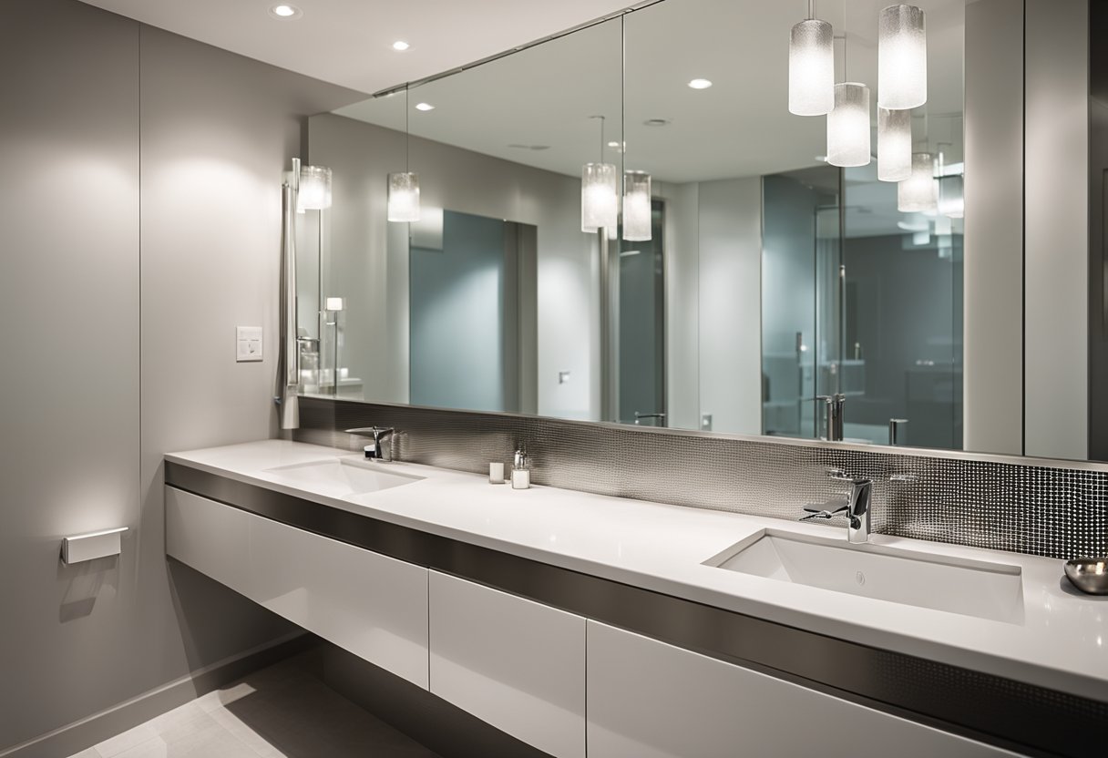 A sleek, modern bathroom with white, silver, and glass accents. The walls are painted in a light, reflective color, with a large mirror and metallic fixtures to enhance the luminosity