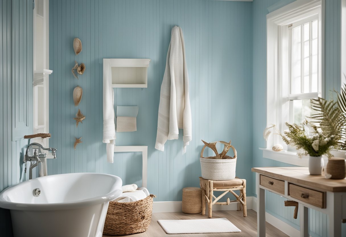 A serene coastal bathroom with light blue walls, white beadboard paneling, and natural wood accents. A large window lets in plenty of natural light, and seashell and driftwood decor add a beachy touch