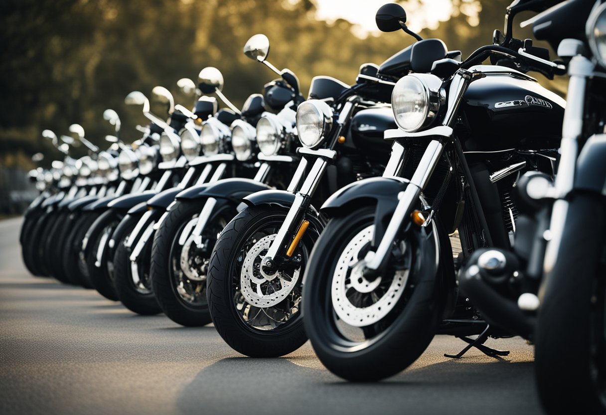 A row of sleek, powerful cruiser motorcycles lined up on a winding road, ready for a long journey