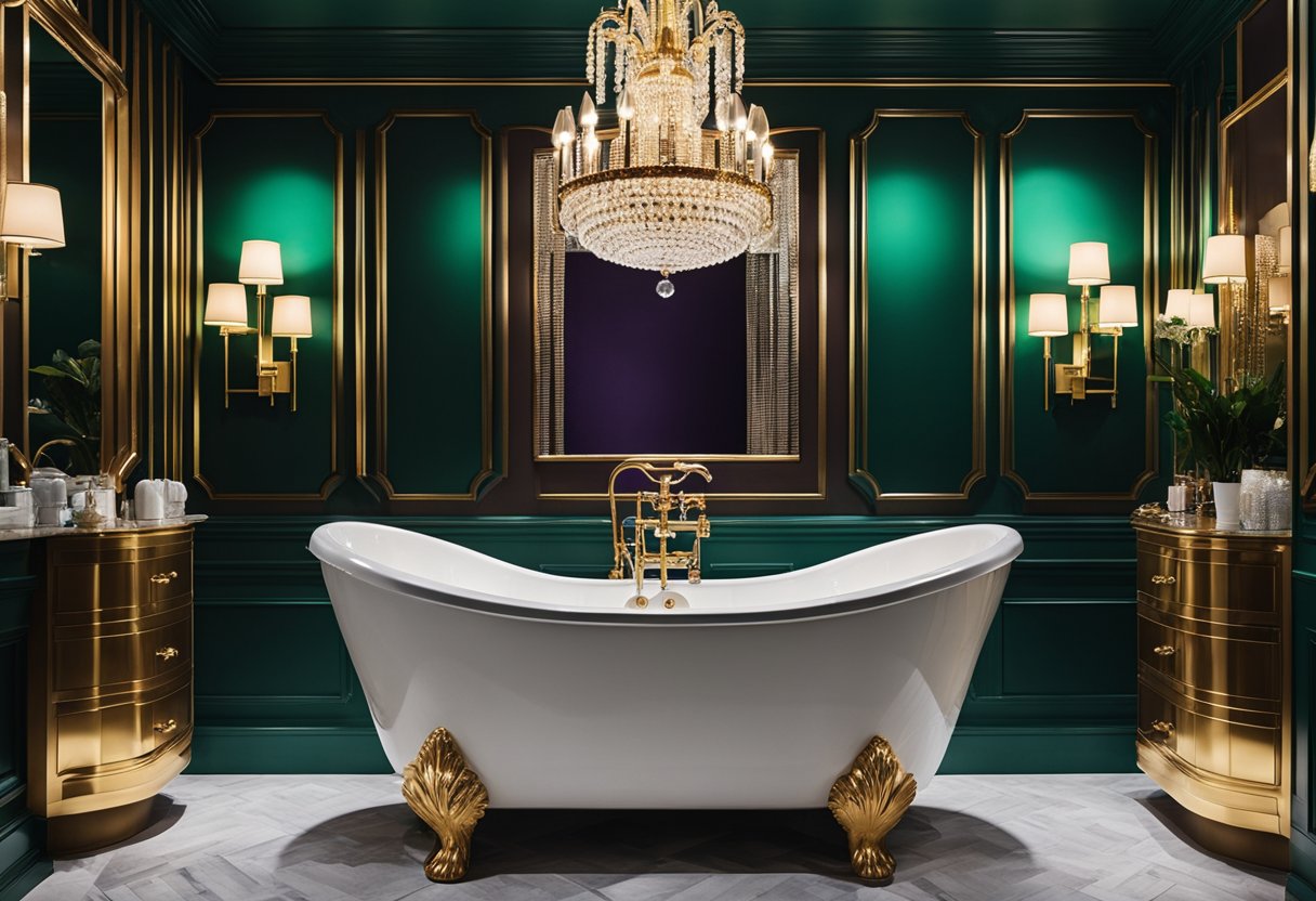 A small bathroom with bold jewel-toned walls, gold accents, and a crystal chandelier. Rich emerald, sapphire, and amethyst colors create a luxurious and opulent atmosphere