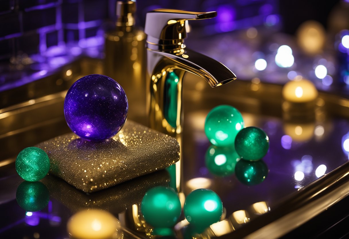 The bathroom glows with metallic accents in gold and silver against a backdrop of deep jewel tones like sapphire, emerald, and amethyst