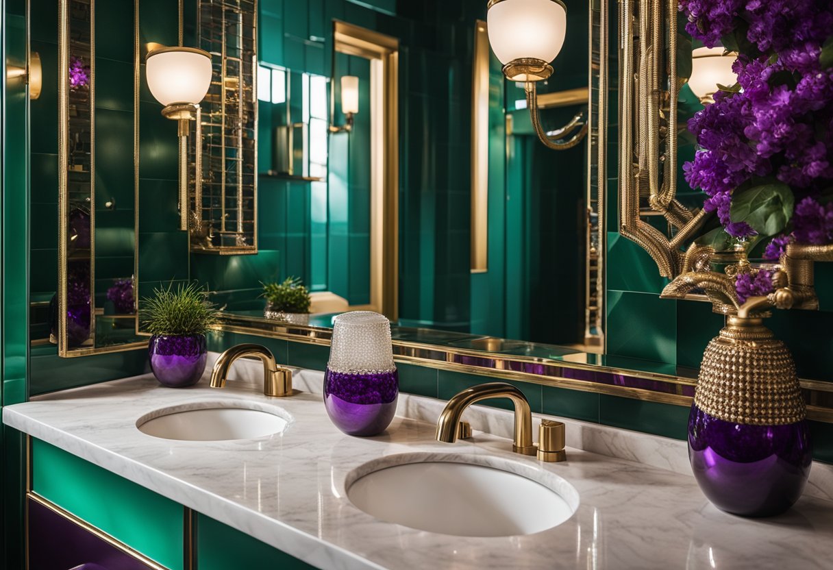 The jewel box bathroom is adorned with glossy and metallic paint finishes in rich jewel tones of emerald, amethyst, sapphire, and ruby