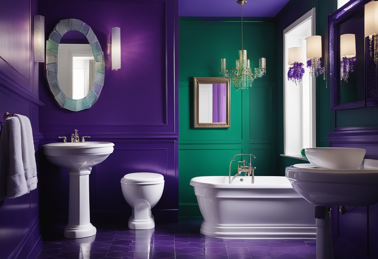 A bathroom with jewel-toned fixtures and accessories, featuring walls painted in emerald green, sapphire blue, and amethyst purple