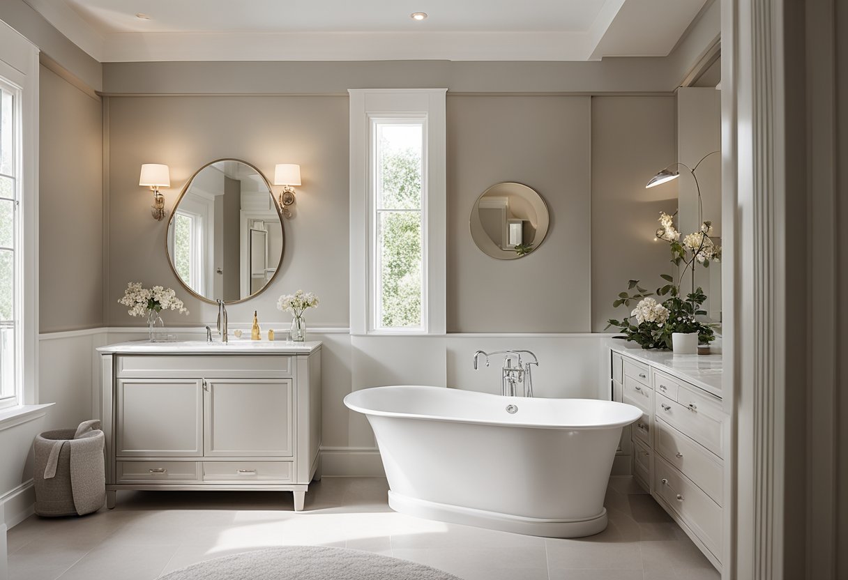 A jewel box bathroom with neutral paint colors, balanced and serene. A mix of soft grays, warm taupes, and creamy whites create a harmonious and elegant space