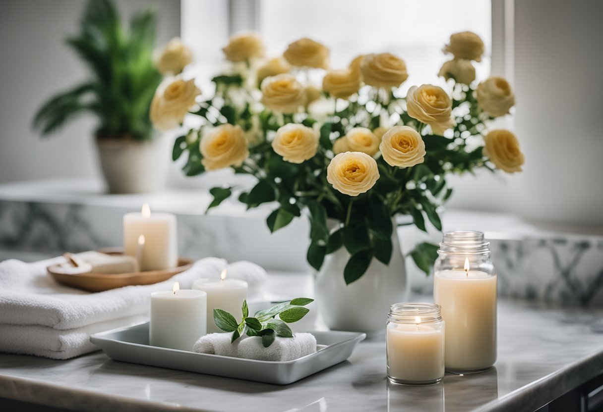 A vase of fresh flowers sits on a marble countertop, next to a scented candle and neatly folded towels. A tray holds decorative jars and a small potted plant