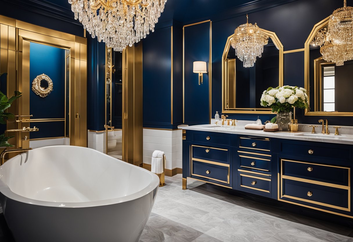 A bathroom with jewel-toned walls and gold accents. A crystal chandelier hangs above a freestanding bathtub. A vanity area features a bold, deep blue color