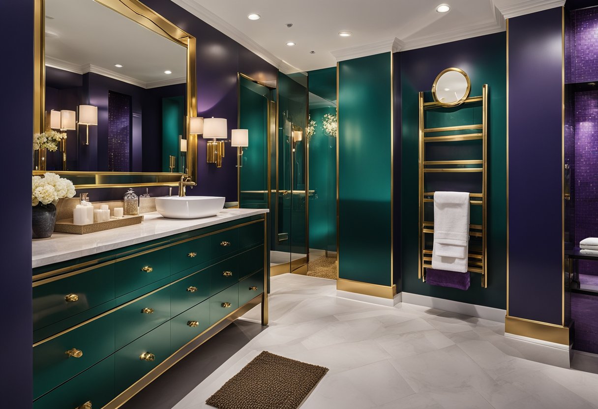 A spacious bathroom with jewel-toned walls and gold accents. The colors are deep emerald, sapphire, and amethyst, creating a luxurious and versatile space