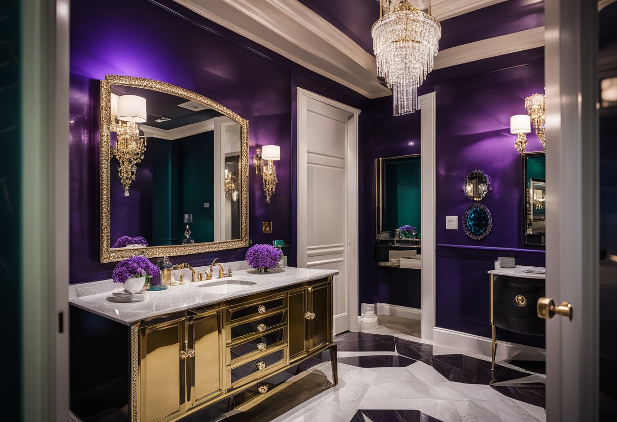 A small bathroom with jewel-toned walls, featuring emerald green, sapphire blue, and amethyst purple. Gold accents and a crystal chandelier add a touch of luxury