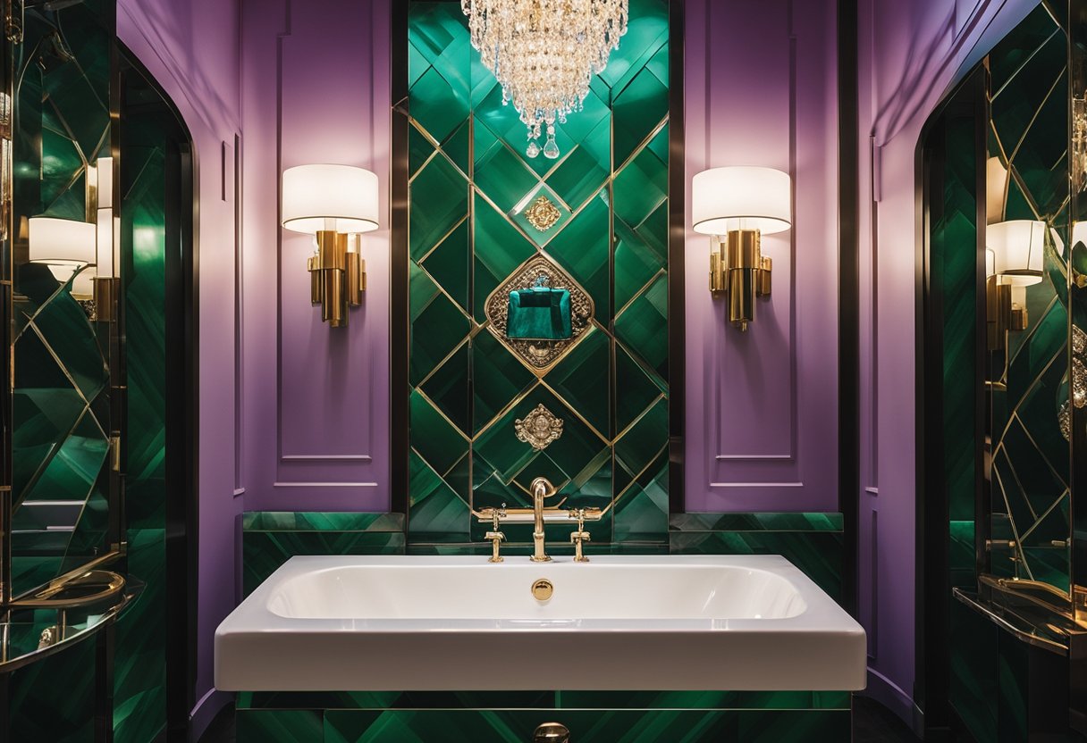 The jewel box bathroom gleams with rich, deep hues of emerald, sapphire, and amethyst on the walls, creating a luxurious and opulent ambiance